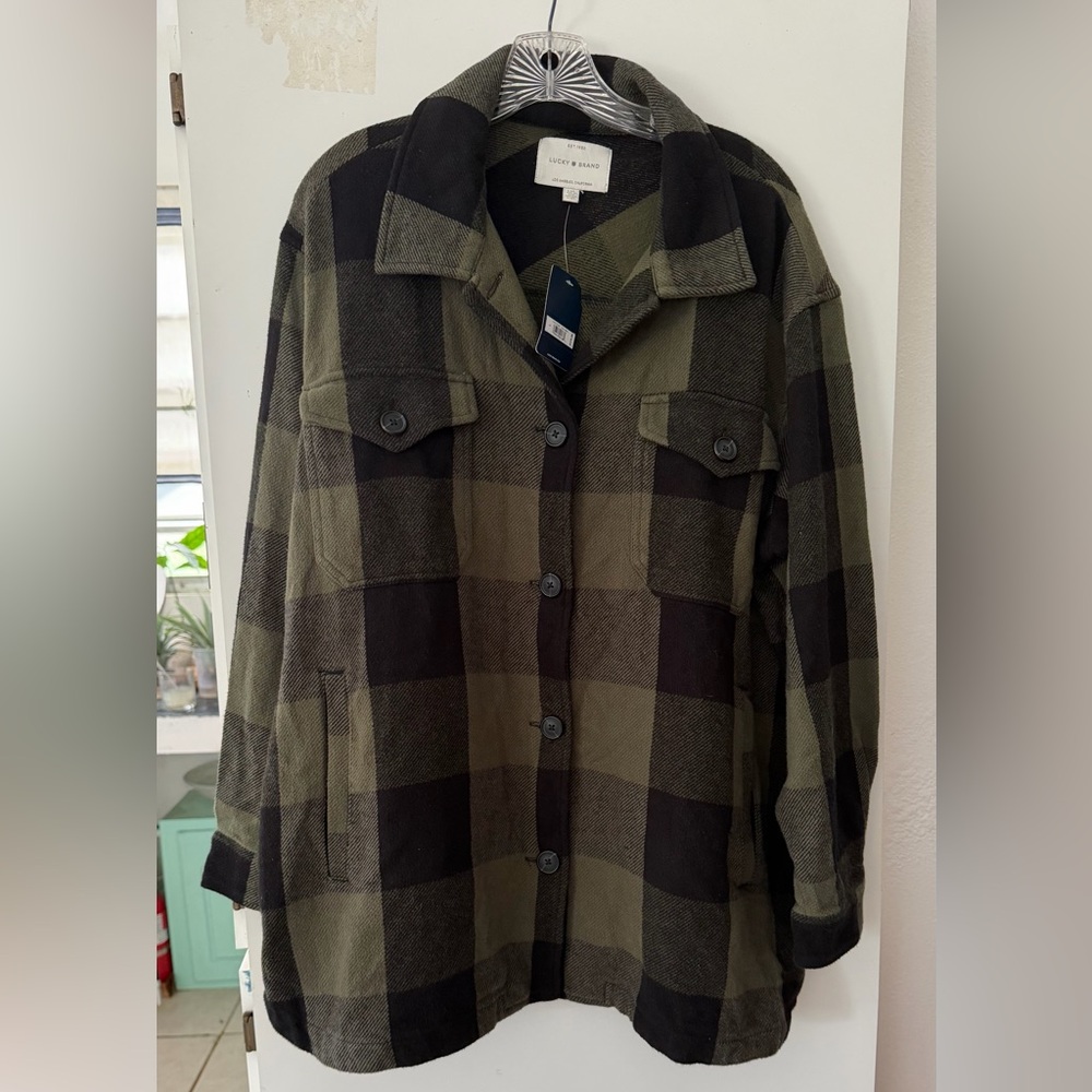 NWT LUCKY BRAND Olive and Black Oversized Checkered Plaid Fall Flannel Size L
